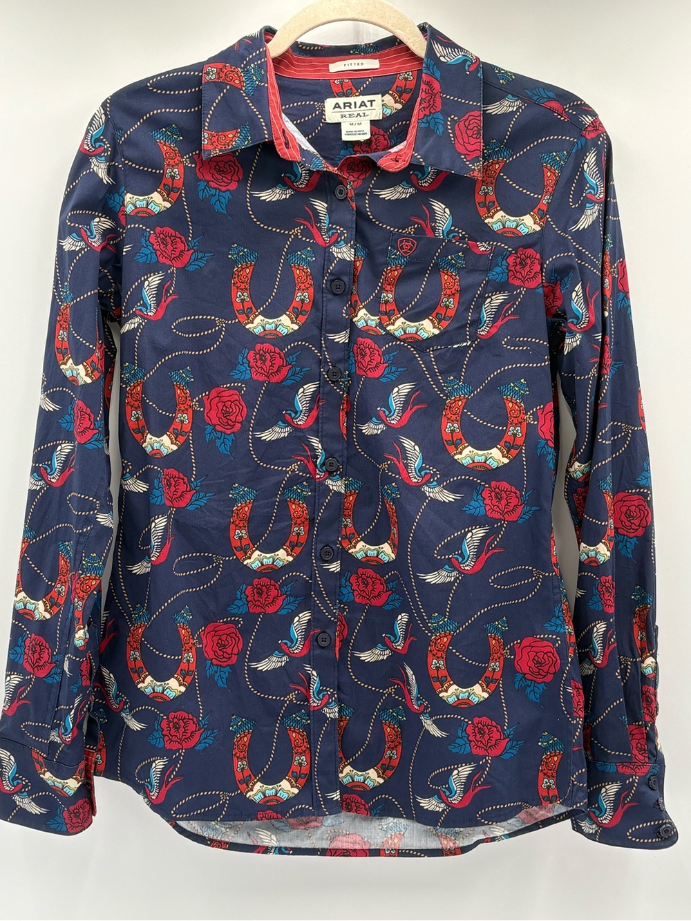 Ariat REAL Kirby Stretch Shirt M Ropey Rose Print Western Horseshoe Floral - Picture 3 of 16